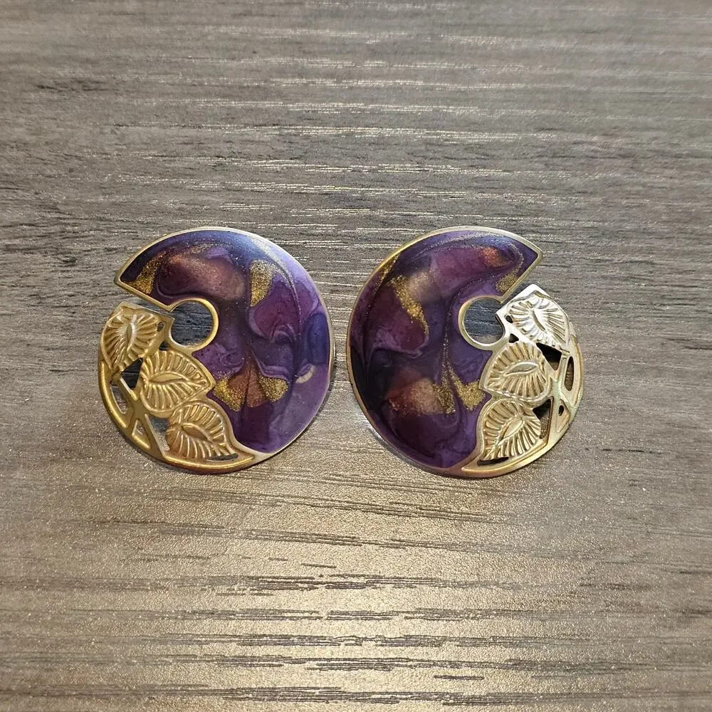 Vintage Edgar Berebi Purple Round Stud Earrings with Gold Leaf Design 1980s